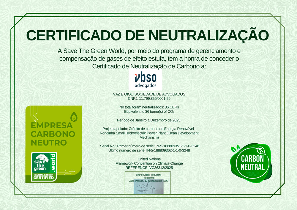 VBSO Advogados é certificado como empresa Carbono Neutro